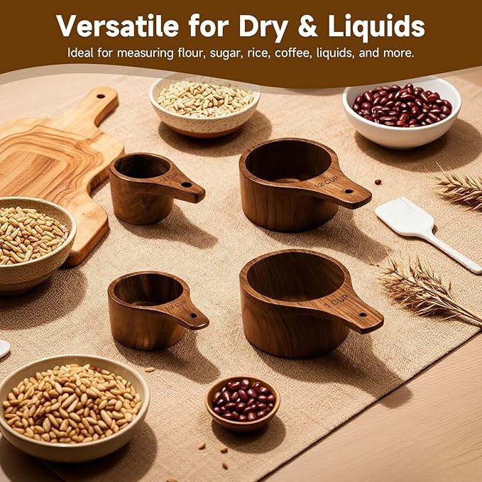 Wooden Measuring Cups and Spoons Set - Eco-Friendly Solid Acacia Wood, Laser Engraved Measurements, Perfect for Baking & Cooking - Ideal for Bakers (4-Pc Acacia Wood Measuring Cups)