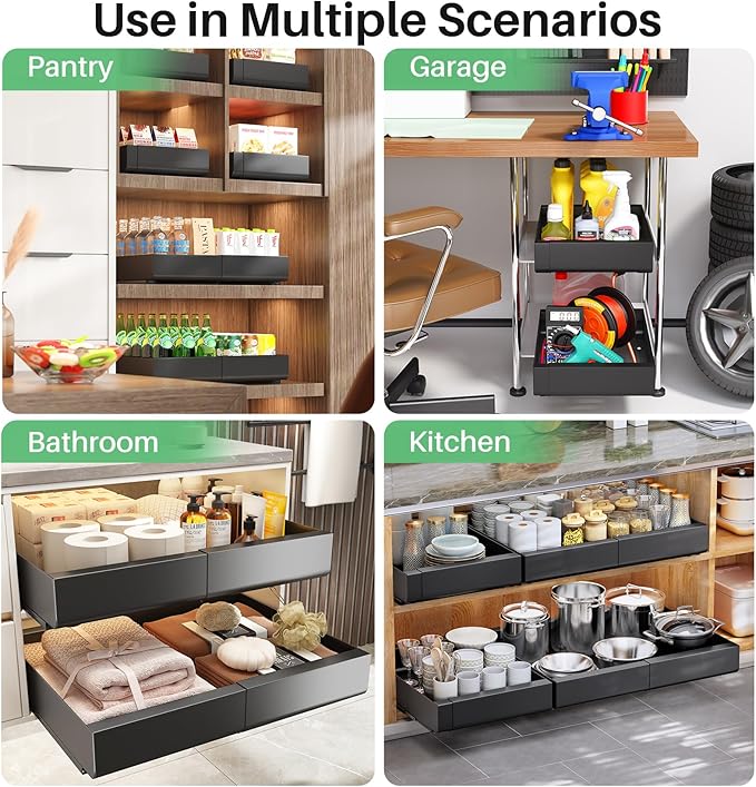 Kitstorack Pull out Cabinet Organizer, Expandable(12"-20") Heavy Duty Slide out Drawer Fixed with Adhesive Nano Film for Pots, Roll out Shelf Storage for Kitchen Base Organization(2-Pack)