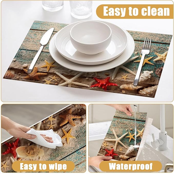 Beach Starfish Placemats Set of 6, Nautical Seashell Linen Place Mat Washable Stain Resistant Table Mats for Farmhouse Kitchen Dining Party Wedding Decor 12x18 Inch