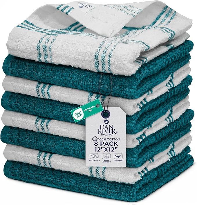 DAN RIVER Premium Dish Cloth 100% Cotton 12 X 12 Inches |Pack of 8|-Ultra Soft Tea Towels-Highly Absorbent Kitchen Rags-Terry Dishcloth for Kitchen and Household Cleaning |Teal|
