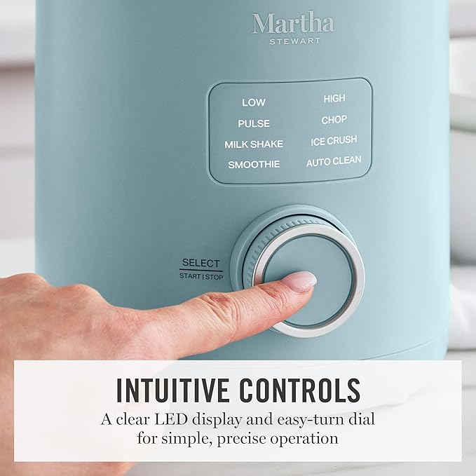 Martha Stewart Countertop Blender, 50oz Jar, 6 Stainless Steel Blades 3 Speeds & 5 Presets, Auto Clean, Smoothies, Crush Ice, Shakes, Chop, Margarita, Measurement Markings, 700W, Sky Blue