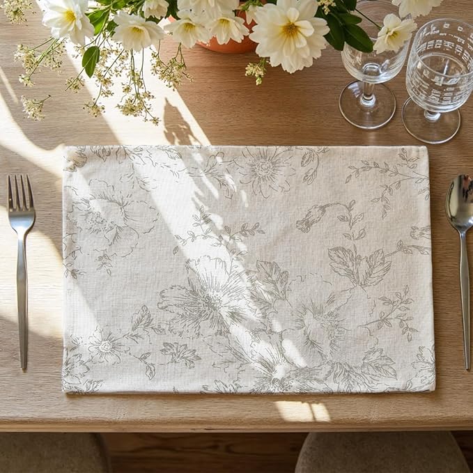 JINCHAN Floral Placemats Set of 4 Farmhouse Linen Placemats Cloth Table Mats Holiday Seasonal Rustic for Kitchen Dining Table Decor Heat Resistant Washable Tablemats 13x19 Inch Gray
