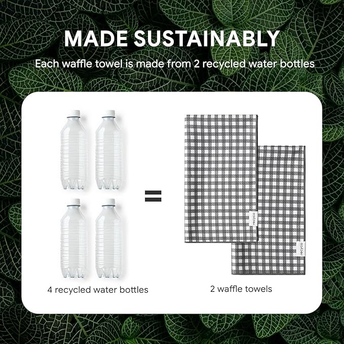 RECYCO Waffle Kitchen Towel Set of 2 - Quick Dry Microfiber Sustainable Dish Towels - Ultra Absorbent Reusable Cleaning Tea Towels - Lightweight Hand Towels,16”x 28”, Dove Gray Plaid