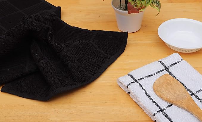AMOUR INFINI Kitchen Towels Pack of 4, Terry Cotton Dish Towels, Ultra Absorbent, Quick Drying Hand & Tea Towels, Soft Durable Cleaning Cloths with Hanging Loop, 16 x 26 Inch (Black)