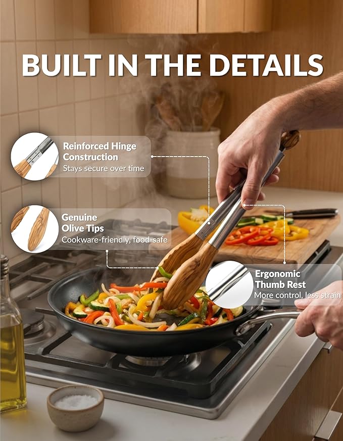 Premium Olive Wood Salad Tongs for Serving, 12 Inch Serving Tongs with 304 Stainless Steel Handle for Salad, Bread, BBQ, Pickles, Toaster & Kitchen Use