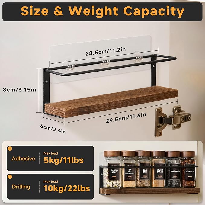 2-Tier Wall Mount Spice Rack Organizer with 12 Glass Jars, 216 Labels & Funnel - Screw/Adhesive Mount, Black Metal & Wood Spice Storage for Kitchen Pantry Cabinet, 11.6”L x 2.4”W x 3.2”H