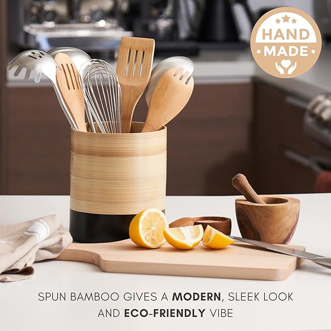 Handcrafted Bamboo Kitchen Utensil Organizer for Countertop, Modern Large Utensil Holder