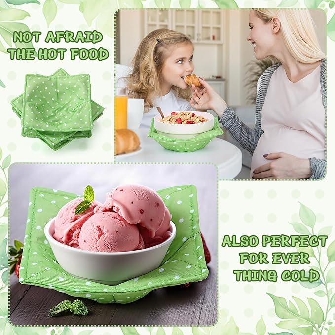 Cunhill 4 Pcs Cotton Microwave Bowl Cozy Holders for Hot Food Hot Pads Soup Bowl Potholders Heat Resistant Multipurpose Quilted Safe Holders for Kitchen Plate Supply(Pale Green,Dot)