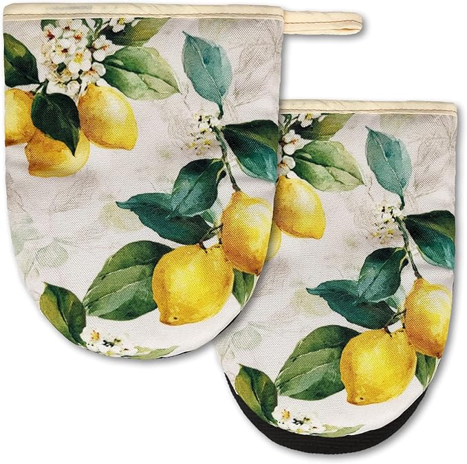Watercolor Lemon Mini Silicone Oven Mitts 2-Pack Set, Heat Slip Resistant Kitchen Gloves, Soft Oven Mittens for Baking & Cooking