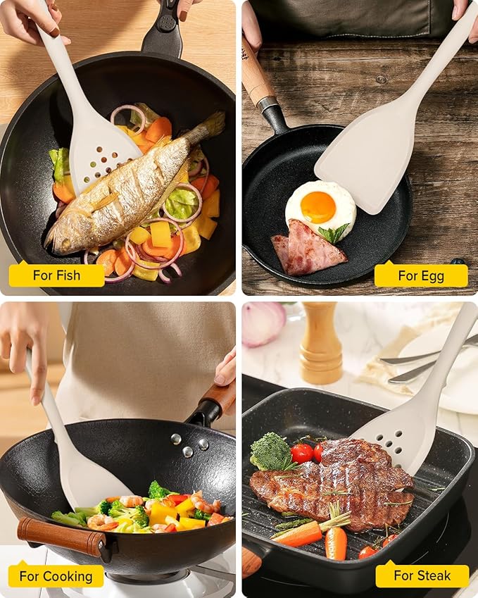 Pack of 2 Silicone Spatula Turner, Non Stick Kitchen Spatulas Set with Back Hooks, Heat Resistant BPA Free Kitchen Utensils, Suitable for Flipping Fish, Eggs, Steak, Pancakes(KHAKI)