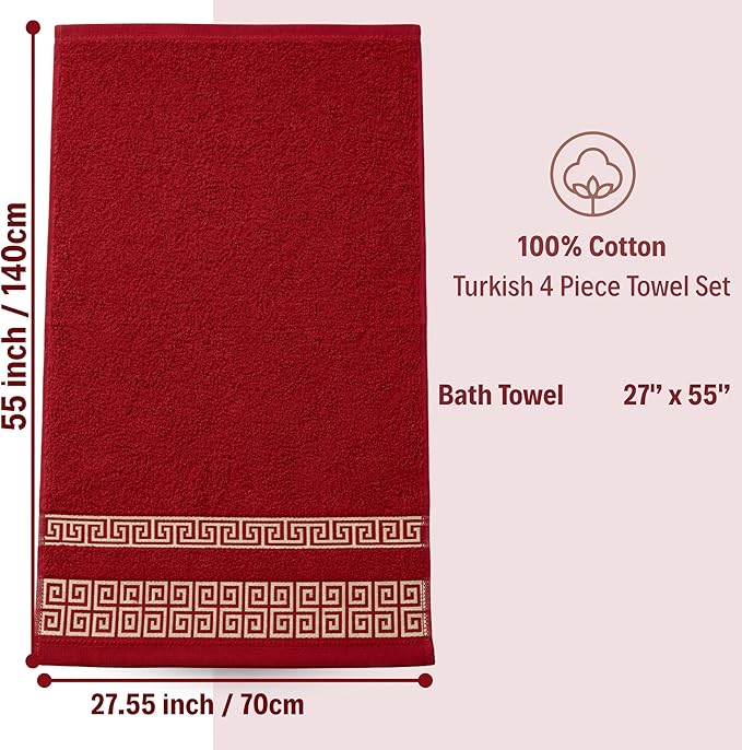 Luxury 4 Piece Bath Towel Set with Greek Key Design - 100% Cotton Soft & Absorbent Bathroom 27x54 in Extra Large Towels - Quick Dry, Plush & Durable - Burgundy Towels Set for Home, Spa & Hotel Use AA3