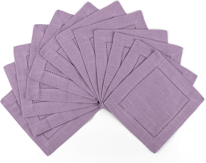 FINGERCRAFT Cocktail Napkins 6 x 6 Inch Premium Quality Cotton, Generous Hemstitch and Mitered Corner Set of 12 Coaster Cloth Lavender