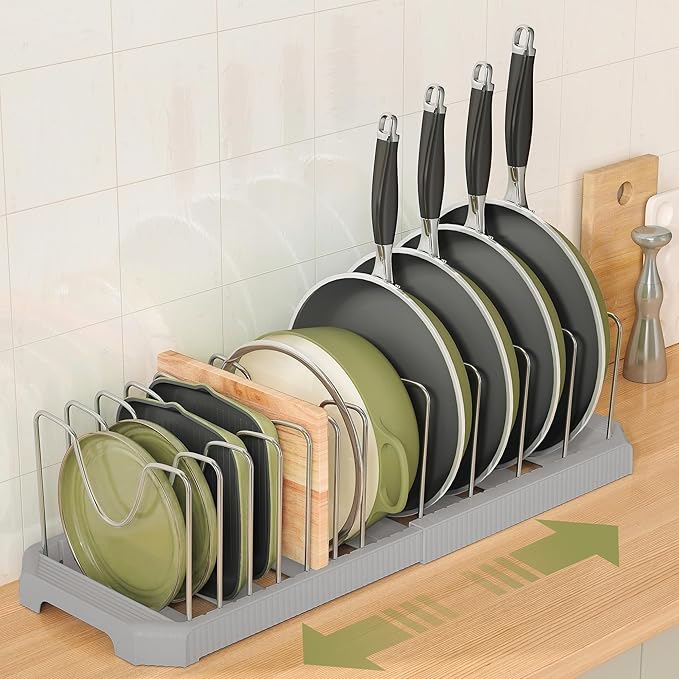 Pots and Pans Organizer for under Cabinet, Pan Pot Organizers inside Cabinet, Expandable Organizer with 12 Adjustable Dividers for Cookie Sheets, Cutting Boards, Pot Lids, Cookware - Pan Rack, Grey