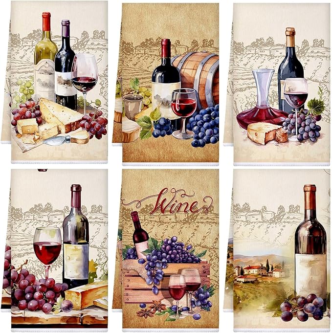 Bencailor 6 Pcs Red Wine Kitchen Towels Decorative Sets Dish Towels Absorbent Fast Drying Hand Tea Vintage Hanging Reusable Cleaning Dishcloths for Cooking Farmhouse Bathroom Accessory