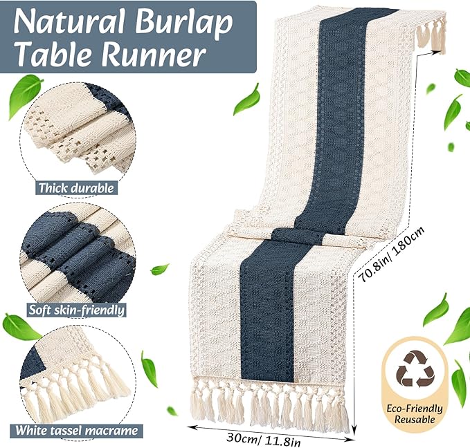 Boho Placemats 4/6/8 Set of Round Woven Placemat Macrame Style Bicolor Stitching Long Table Runner Farmhouse Rustic Natural Burlap Cotton for Kitchen Dining Table(4 Sets,Blue,12x72)