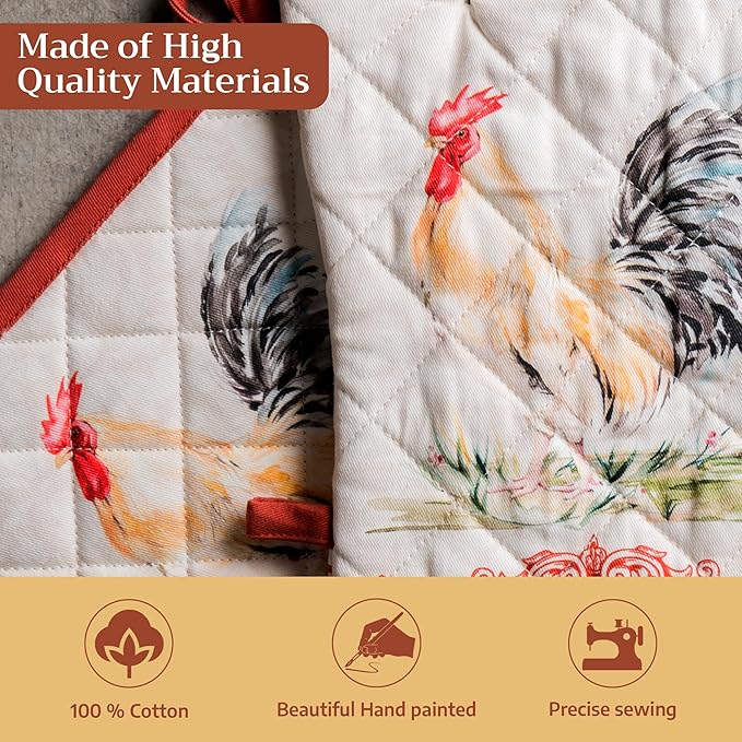 Maison d' Hermine 100% Cotton Oven Mitt & Pot Holder Set (7.5"x13" & 8"x8") Heat Resistant BBQ Cooking Gloves with Loop Baking Grilling Kitchen Gifts for Mothers Day Spring/Summer (Campagne)