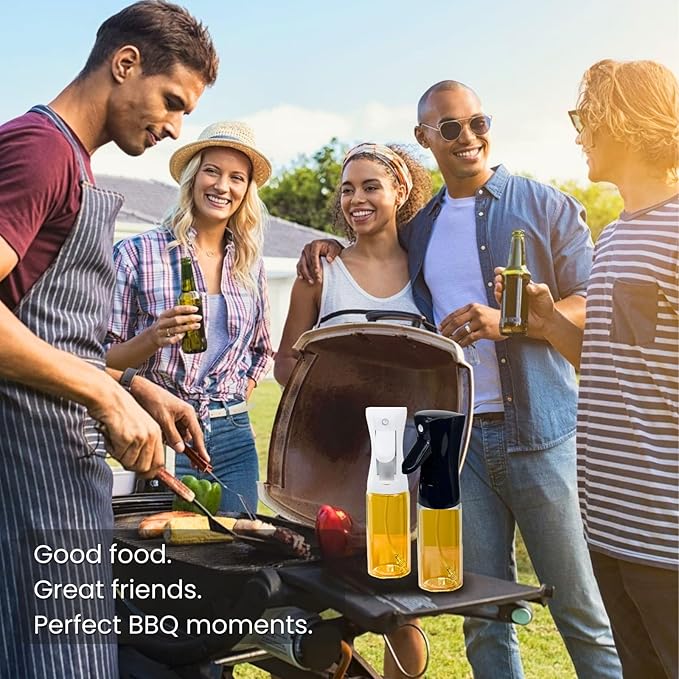 BOKKY Olive Oil Sprayer for Cooking 2 in 1, 220ml Glass Olive Oil Spray Bottle with Continuous Fine Mist, Food Grade Oil Sprayer for Air Fryer, Salad, BBQ, Baking, Frying (Black & White / 2 Pack)