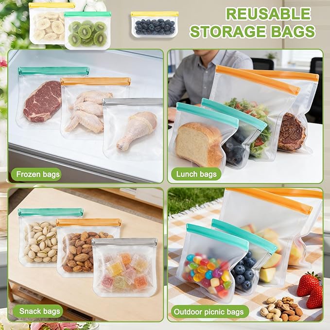 12 Pack Silicone Bags for Food Storage,Freezer,Microwave & Dishwasher Safe,Leakproof Food Storage Bags,Reusable Freezer Ziploc Bags,Sandwich Snack Baggies-4 Gallon 4 Snack 4 Sandwich Bags,3 Colors