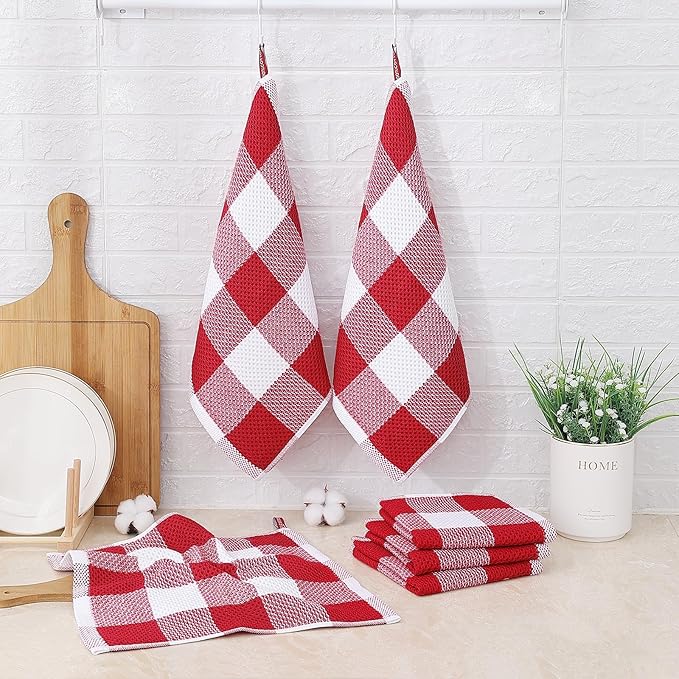 Mordimy 100% Cotton Waffle Weave Plaid Dish Cloths, 12 x 12 Inches, Super Soft and Absorbent Quick Drying Buffalo Check Dish Rags for Kitchen, 6-Pack, Red & White
