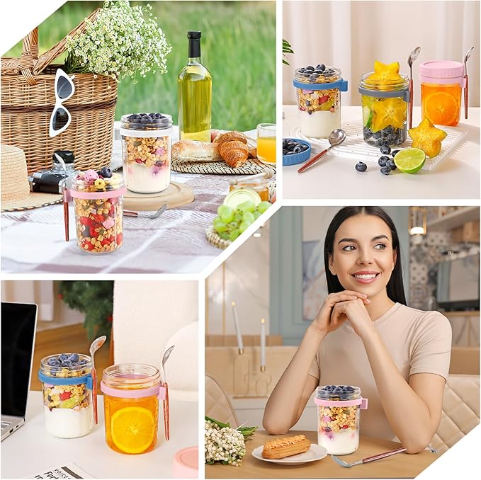 6 Pack Overnight Oats Containers with Lids and Spoons, 16 oz Glass Mason Jars with Airtight Lids, Meal Prep Containers, Overnight Oats Jars for Milk, Cereal, Fruit
