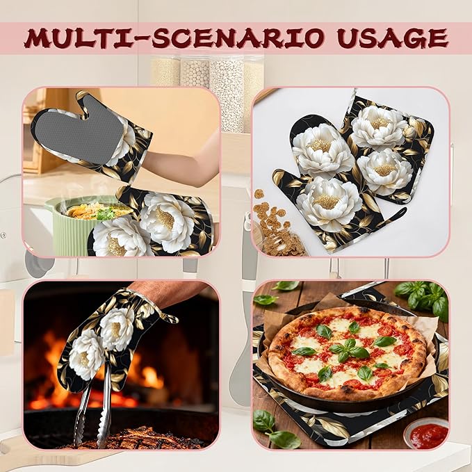 White Flowers Oven Mitts and Pot Holders (4PCS),Glitter Blooming Heat Resistant Non-Slip Silicone Kitchen Gloves for Cooking, Baking, BBQ Waterproof Kitchen Accessories