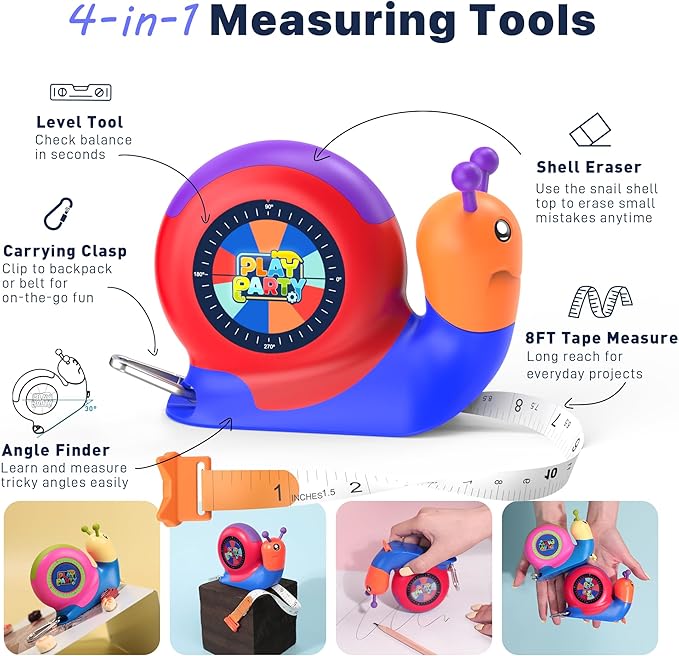 8ft Kids Tape Measure, STEM Educational Tool with Level, Protractor and Eraser, Retractable Snail Shaped Measuring Tapes, Child-Safe Stocking Stuffers Gift for Boys & Girls 3+, Double Blue