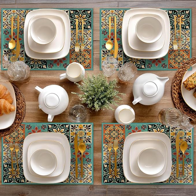 HOMETITUTE Placemats Set of 4 Linen 12x18 Inch Washable Table Mats Colorful Vintage Pattern Place Mats Farmhouse Style Autumn Placemats Kitchen Dining Table Decor