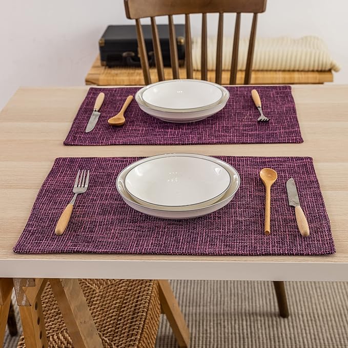 Kevin Textile Burlap Linen Placemats Set of 6 Heat Resistant Dining Table Place Mats Washable Kitchen Table Mats for Dinning Party Holiday Indoor Outdoor, 13 x19 inches, Red Purple