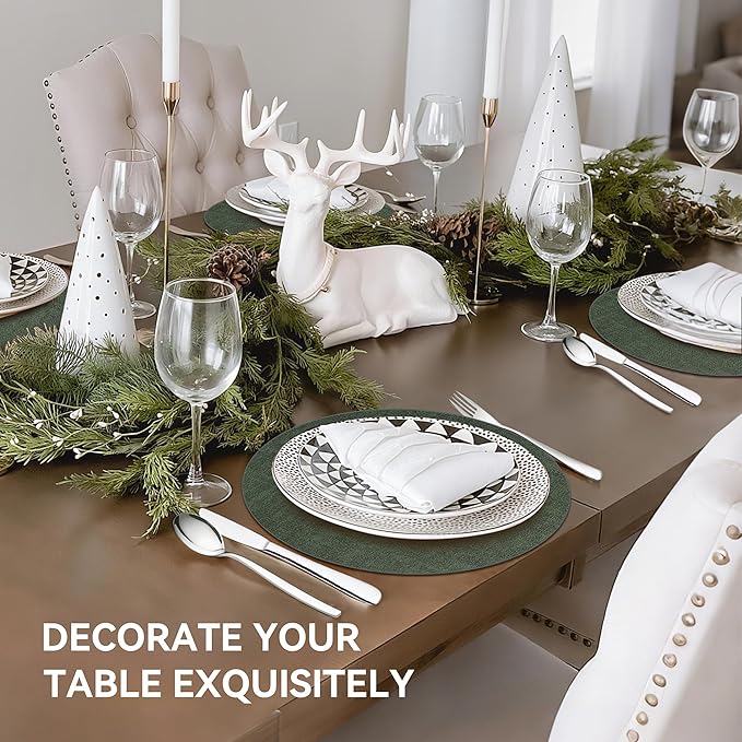 13" Round Placemats Set of 6, Reversible Faux Leather Heat Resistant Table Mats, Waterproof Oilproof Wipeable Table Protective Placemats for Vinyl, Washable for Indoor & Outdoor Use (6, Dark Green)
