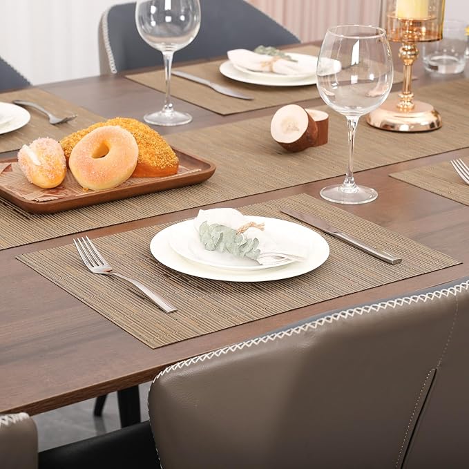 Myir JUN Placemats Set of 8, Vinyl Woven Placemats Place Mats Indoor Set of 8 Washable Table Mats Non-Slip Place mats for Dining Table (Light Brown, Set of 8)