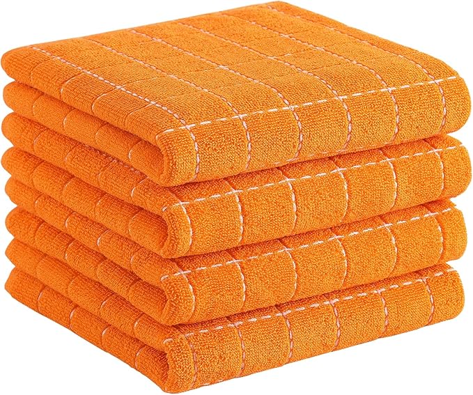 Homaxy 100% Cotton Terry Kitchen Towels(Orange, 13 x 28 inches), Checkered Designed, Soft and Super Absorbent Dish Towels, 4 Pack