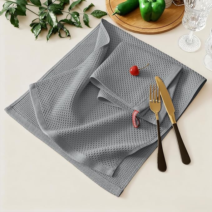 Kitinjoy 100% Cotton Kitchen Towels and Dishcloths Set, 8 Pack-13" x 28" and 12" x 12" Waffle Weave Dish Towels, Ultra Soft Absorbent Quick Drying Dish Rags, Grey