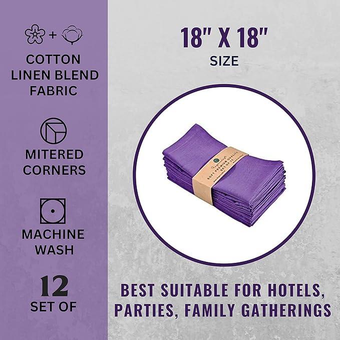 Fingercraft Dinner Cloth Napkins in Cotton Linen Blend Fabric 12 Pack Easter Special, Premium Quality, Mitered Corners for Every Day Use Napkins are Pre Shrunk and Good Absorbency Color Purple