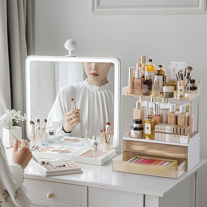 Delamu Bathroom Organizers and Storage, 2 Tier 2 Drawer Makeup Organizer Countertop, Easy to Install, Ideal for Bathroom Counter, Vanity, Ideal for Women Girls, Amber