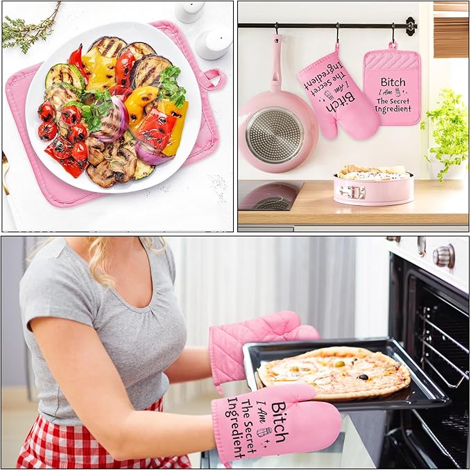 GROBRO7 6Pcs Funny Oven Mitts Pot Holders Baking Gift, I Am The Secret Ingredient Resistant Hot Pad Machine Washable Gloves with Hanging Pocket Potholder for Friend Women Gift for Love Kitchen Cooking
