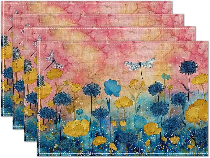 HOMETITUTE Linen Placemats Set of 4 12x18 inch Spring Table Mats for Dining Table Colorful Floral Farmhouse Decorations Kitchen Decor Desk Mat for Outdoor Home Party Kitchen Seasonal Dining Decor