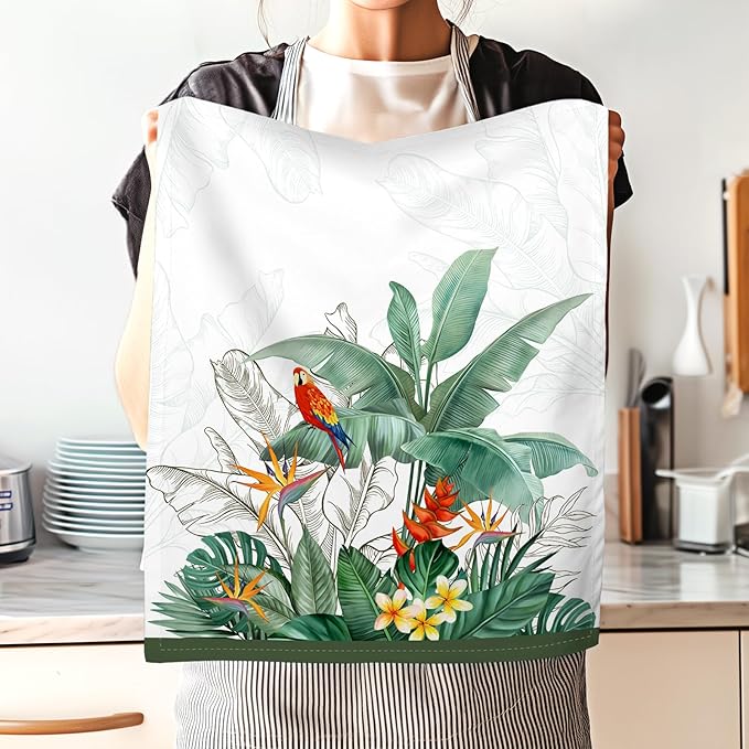 Tropical Tree Leaf Tea Towels, Cotton Kitchen Towel 18.9 × 27.5 inch, Quick Drying Dish Cloth for Party Anniversary Holiday Decoration, Housewarming Gifts for Mom