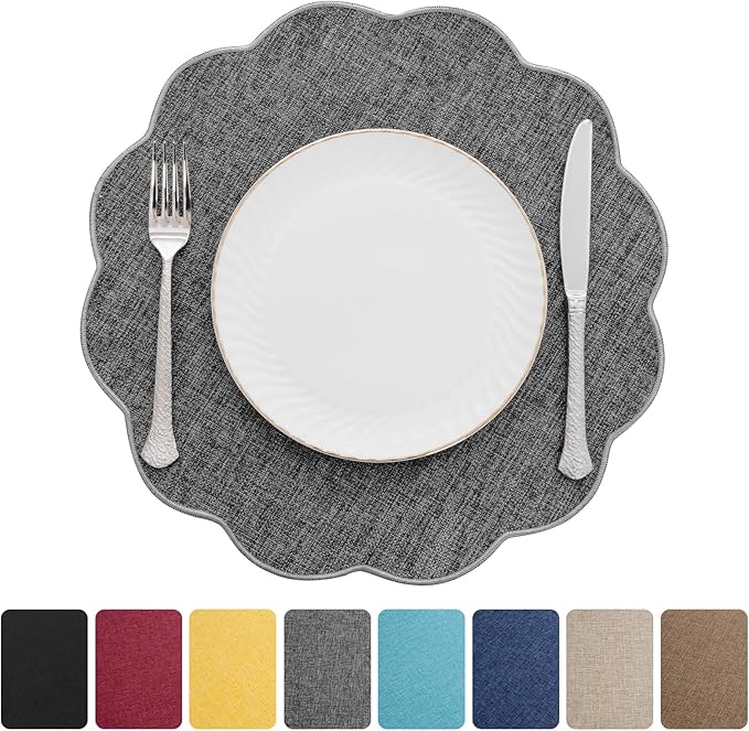 SHACOS Scalloped Round Placemats Set of 6 Polyester Linen Blend 15 inch Washable Non Slip Place Mats Easy Clean Heat Resistant Table Mats for Kitchen Dining Table Decor, Grey