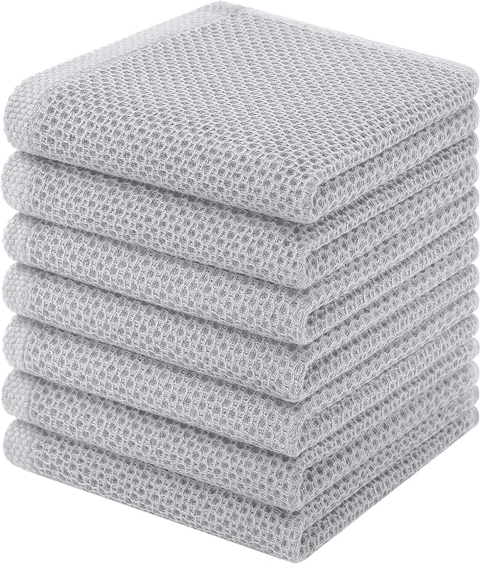 Homaxy 100% Cotton Waffle Weave Kitchen Dish Cloths, 7-Pack Ultra Soft Absorbent Dish Towels, Quick Drying Dish Rags, 12 x 12 Inches, Light Gray