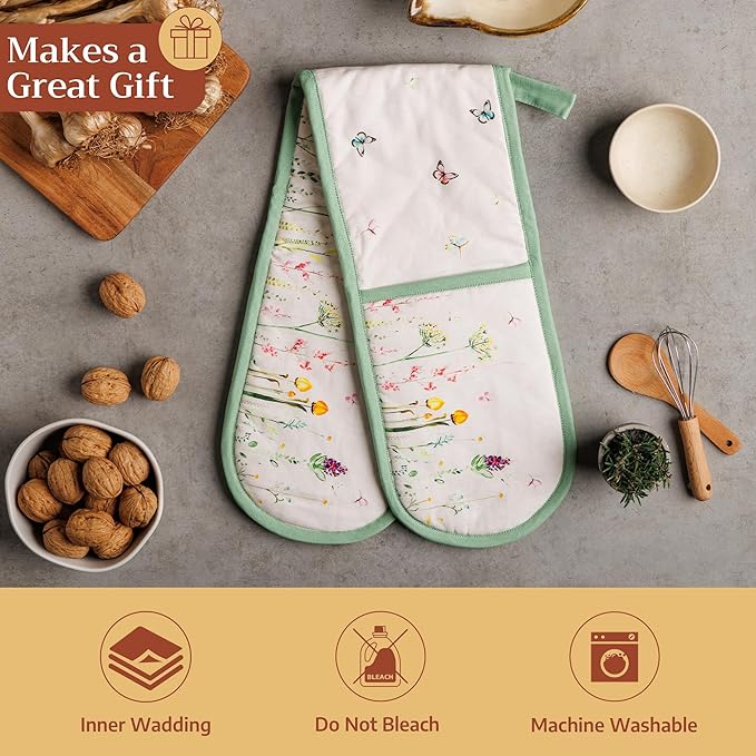 Maison d' Hermine Double Oven Mitts 100% Cotton 7"x35" Double Oven Mitt Heat Resistant BBQ Cooking Gloves with Loop Baking Grilling Gifts for Mothers Day Spring Summer (Botanical Fresh)