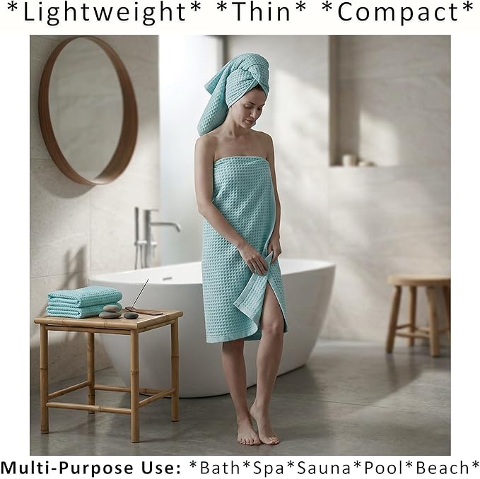 PÜSKÜL Natural 100% Turkish Cotton Waffle Bath Towels Set of 2-Piece | 32x63 Extra Large Absorbent Quick-Dry Lightweight Spa Towel | Luxury Sauna Accessories (Aqua Turquoise Bath Towels - Pack of 2)