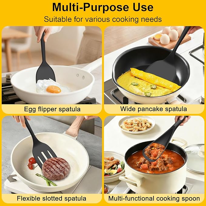 Beijiyi Silicone Spatula Set of 4, 600°F Heat Resistant, BPA Free Kitchen Spatula and Spoons for Nonstick Cookware, Solid & Slotted Turner Cooking Utensils for Serving, Flipping Egg, Pancakes (Black)