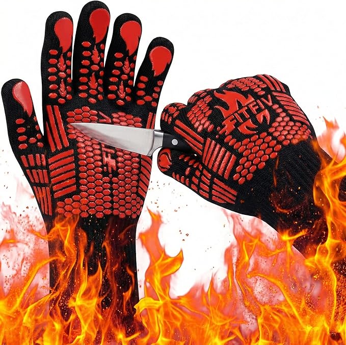 BBQ Gloves, Oven Gloves, 1472°F Extreme Heat Resistant Barbecue Gloves, Silicone Non-Slip Oven Mitts, Kitchen for Cooking, Grilling, and Baking (Red)