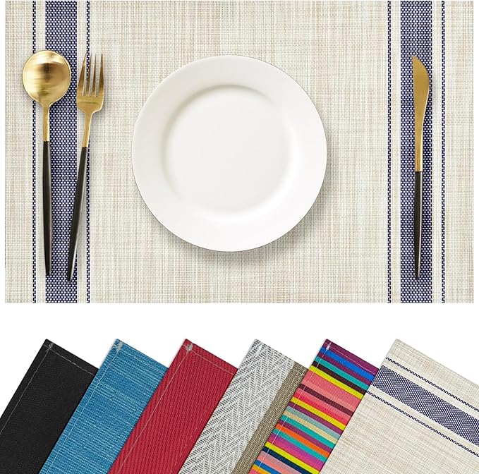 Khaki Blue Place Mats Set of 6, 12x18 Inch Heat-Resistant Washable Easy to Clean Place Mats, Faux Linen Cloth Table Mats Suitable for Indoor/Outdoor Parties & Kitchen Decor (Khaki Blue)