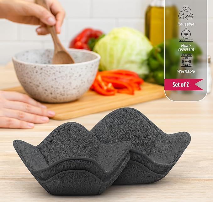 Set 2X Gray 7" sq. x 4" H Bowl Holders - Polyester Hot Soup Holder for Kitchen Gadget - Hot Pot and Japanese Soup Bowls - Microwave Bowl Cozy Safe - Multipurpose Hot Heat Proof Plate Holder
