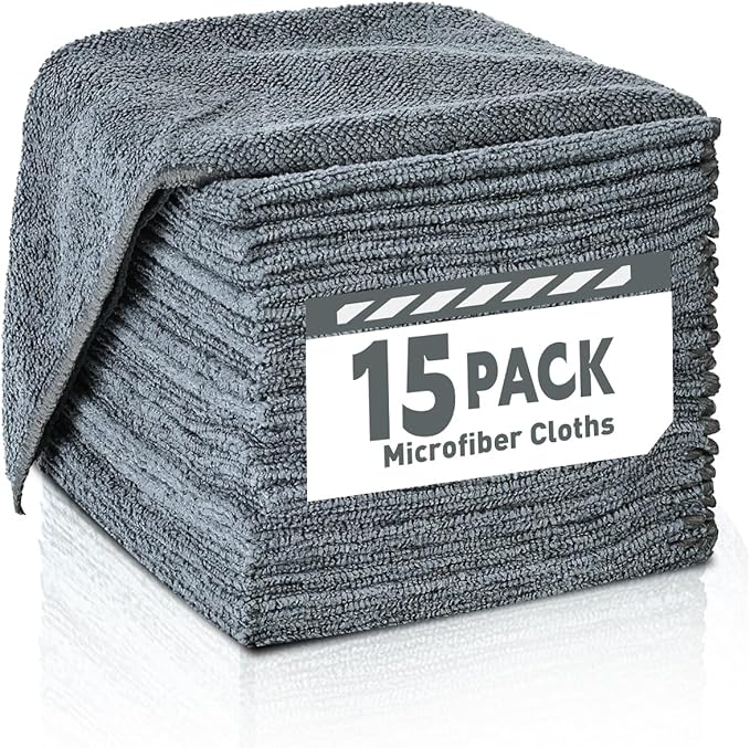 TEAWOO Microfiber Cleaning Cloths Bulk Pack-15 Pack, Microfiber Towels Bulk, Towels for Cars, Cleaning Rags Gray (12x12 inches)