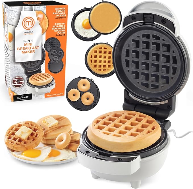 MasterChef 3-in-1 Mini Breakfast Maker- Make Eggs, Pancakes, Donuts, Waffles & More in 1 Easy to Use Appliance! 3 Removable Non-Stick Cooking Plates for Quick Cleaning & Storing- Compact Baker Cooker