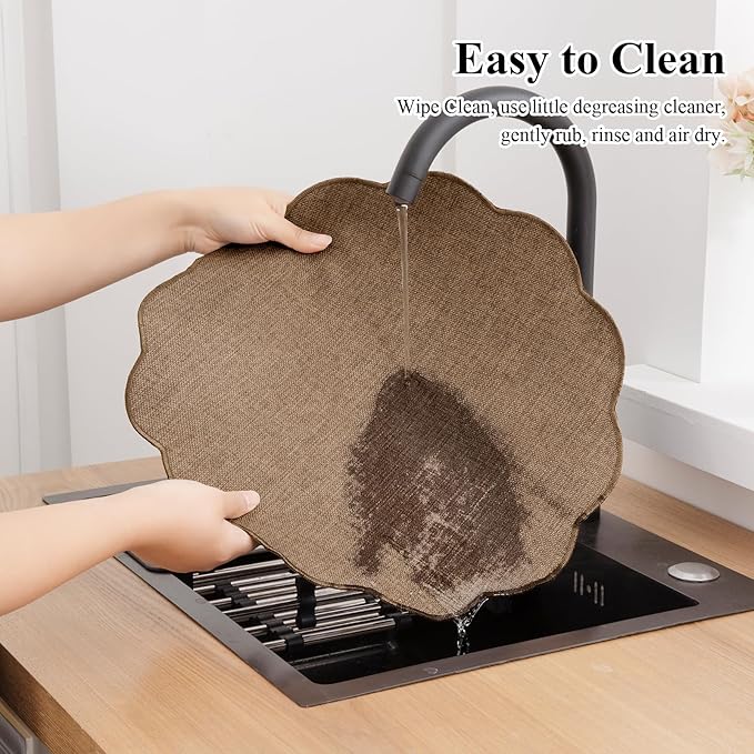 SHACOS Scalloped Round Placemats Set of 6 Polyester Linen Blend 15 inch Washable Non Slip Place Mats Easy Clean Heat Resistant Table Mats for Kitchen Dining Table Decor, Brown