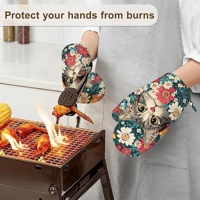 Cute Cat Oven Mitts and Pot Holders Set of 4,Blooming Colorful Flowers Kitchen Oven Glove Heat Resistant Oven Mitts with Non-Slip Silicone for Baking, Cooking, BBQ