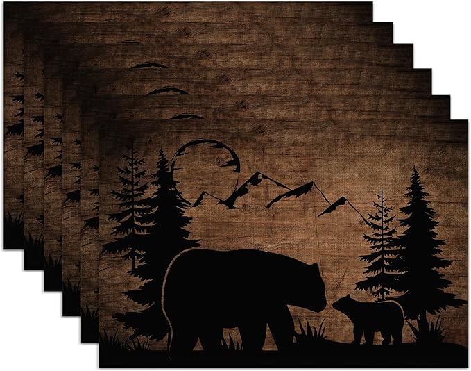 Bear Lodge Placemats Set of 6,Washable Heat Resistant 12×18 Inch Table Mats Farmhouse Place Mats for Outdoor & Camping Lodge Cabin Decor